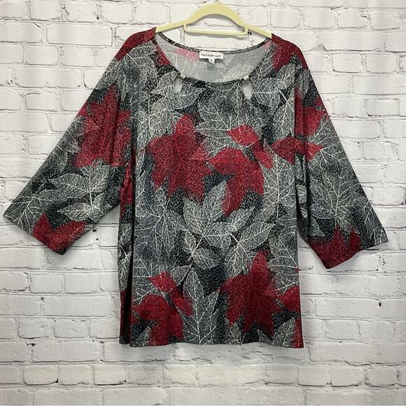 Southern Lady Tops - Southern Lady Tunic Top Women's Plus Size 3x Gray/Black/Wine Leaf Print Business